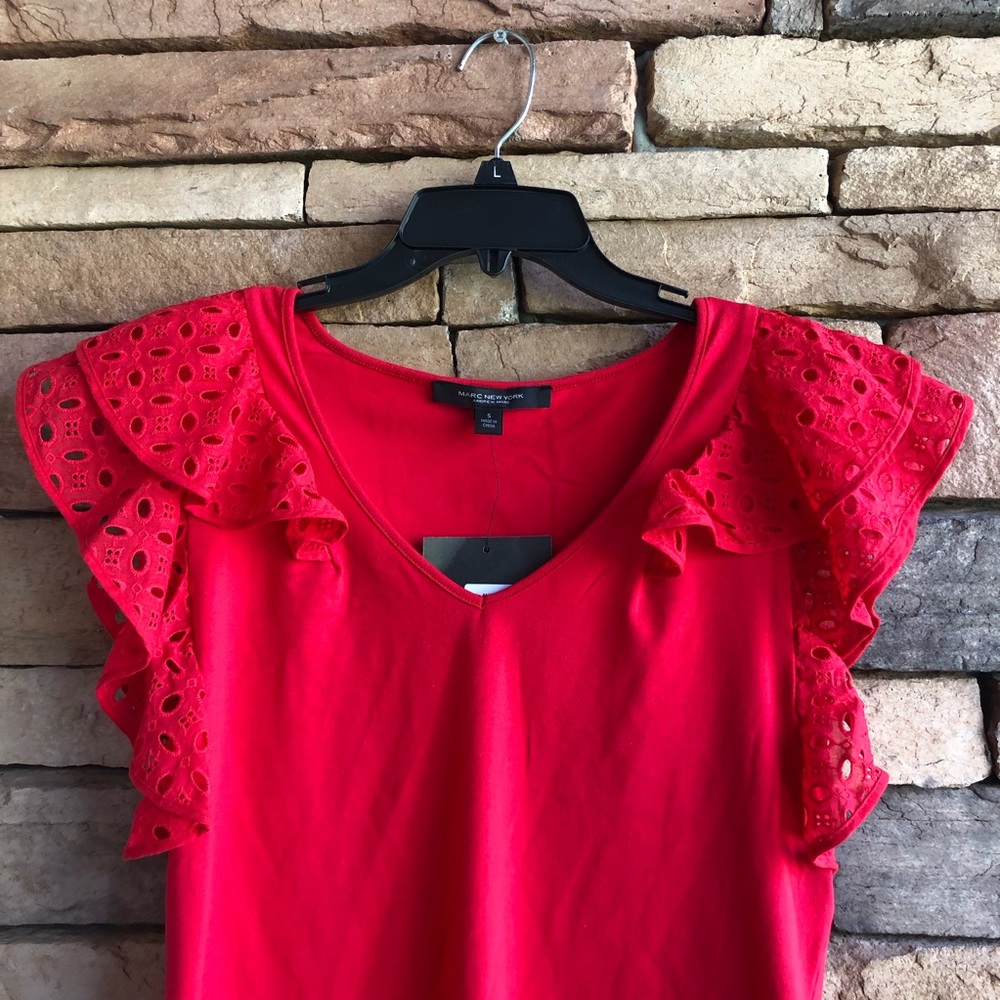 Marc New York Andrew Marc red short ruffle sleeve v-neck blouse top NWT Small - Picture 4 of 8